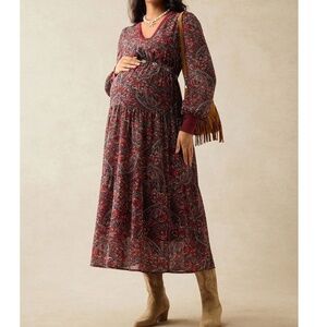 Maternity Paisley Print V neck High Waisted Long sleeve Dress